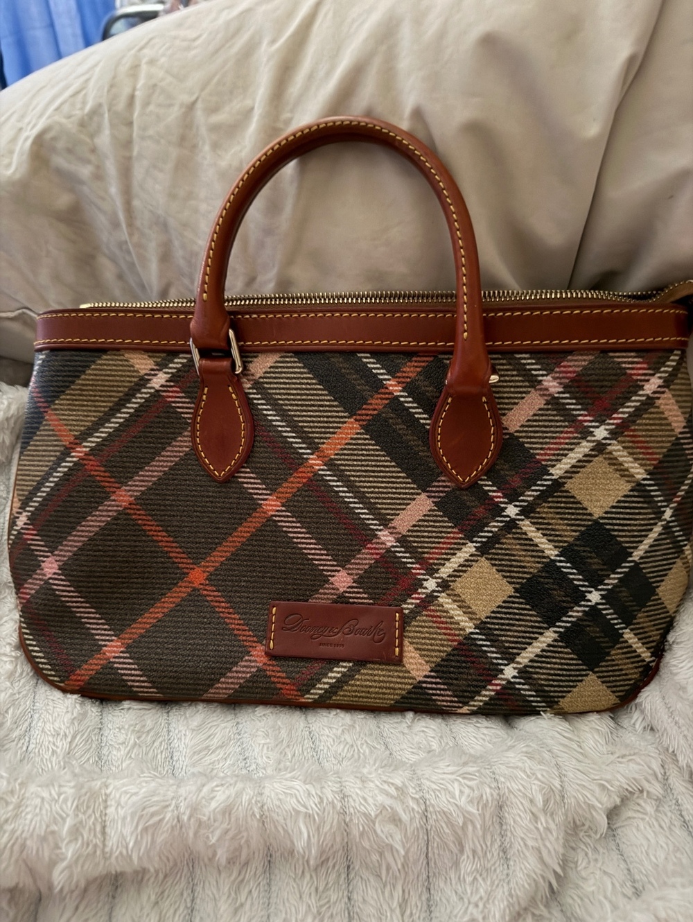 Dooney & Bourke Brown Plaid Leather Handle Tote Bag